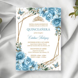 Baby Blue Floral Quinceañera Invitation Editable Instant Download Template, Gold Sweet 16 Princess Birthday Digital Invitation, QC31