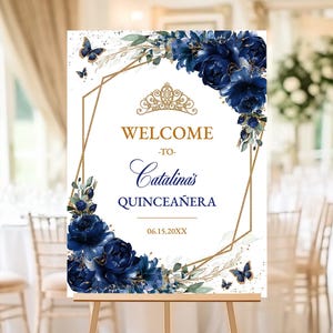 Navy Blue Floral Quinceañera Welcome Sign Editable Template, Gold Quinceañera Poster, Mis Quince Años, Watercolor Floral Birthday Sign, QC24 bild 1