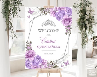 Lavender Lilac Floral Silver Quinceañera Welcome Sign Editable Template, Sweet Sixteen Butterfly Floral Welcome Sign Party Poster Corjl QC41