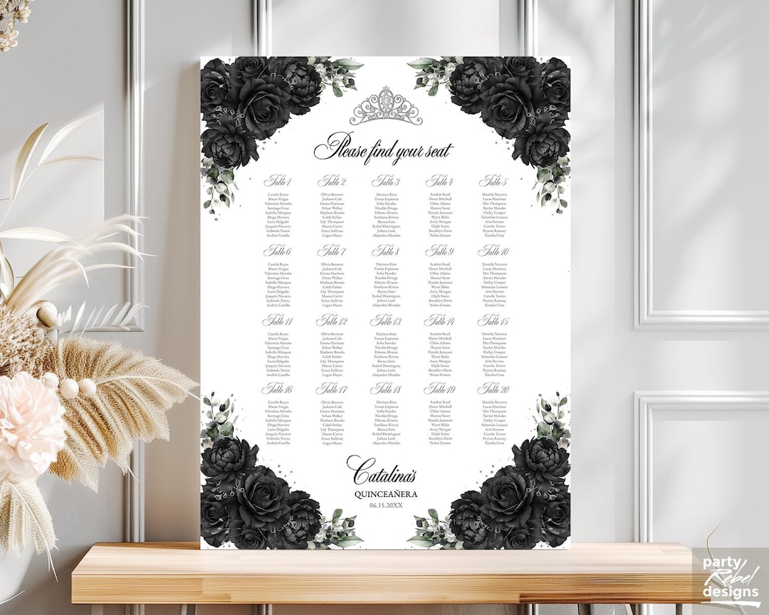 Black Quinceañera Seating Chart Sign, Editable Template, Elegant Floral ...