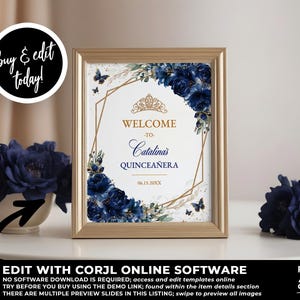 Navy Blue Floral Quinceañera Welcome Sign Editable Template, Gold Quinceañera Poster, Mis Quince Años, Watercolor Floral Birthday Sign, QC24 bild 3