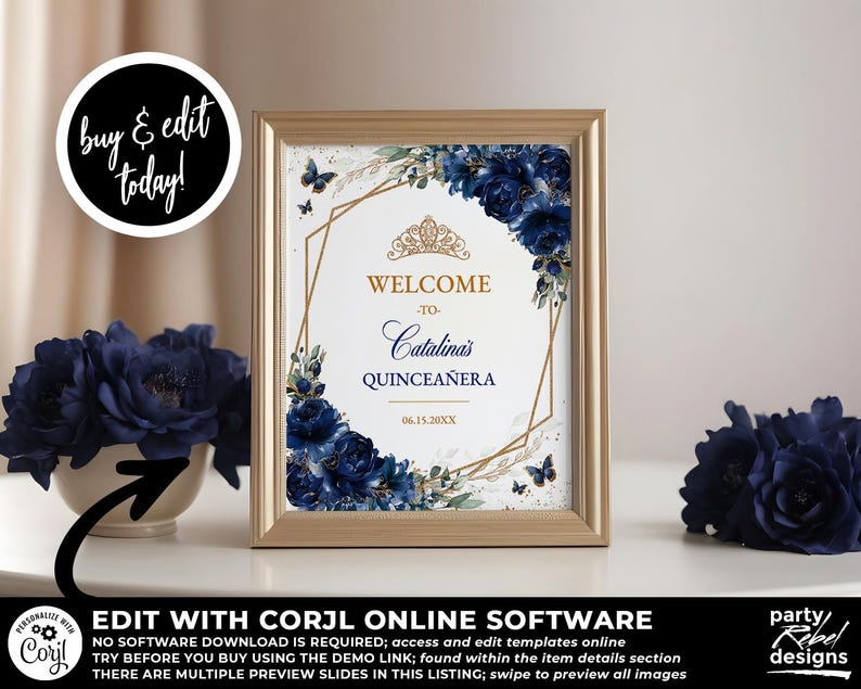 Navy Blue Floral Quinceañera Welcome Sign Editable Template, Gold Quinceañera Poster, Mis Quince Años, Watercolor Floral Birthday Sign, QC24 bild 3