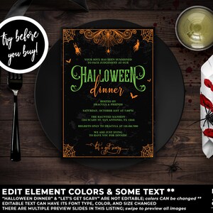 Puede incluir: Una invitaci&oacute;n a una cena de Halloween negra y naranja con un dise&ntilde;o de telara&ntilde;a espeluznante. El texto dice "Tu alma ha sido convocada para ser juzgada en nuestra cena de Halloween". La invitaci&oacute;n incluye detalles sobre el evento, incluyendo la fecha, la hora, la ubicaci&oacute;n y el anfitri&oacute;n.