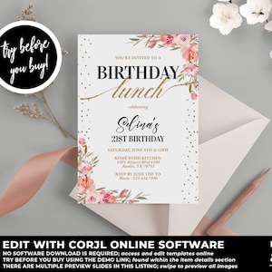 Birthday Lunch Invitation, Floral Birthday Invitation, Watercolor Birthday Invitation, Black and Gold Birthday, Birthday Template, BD44