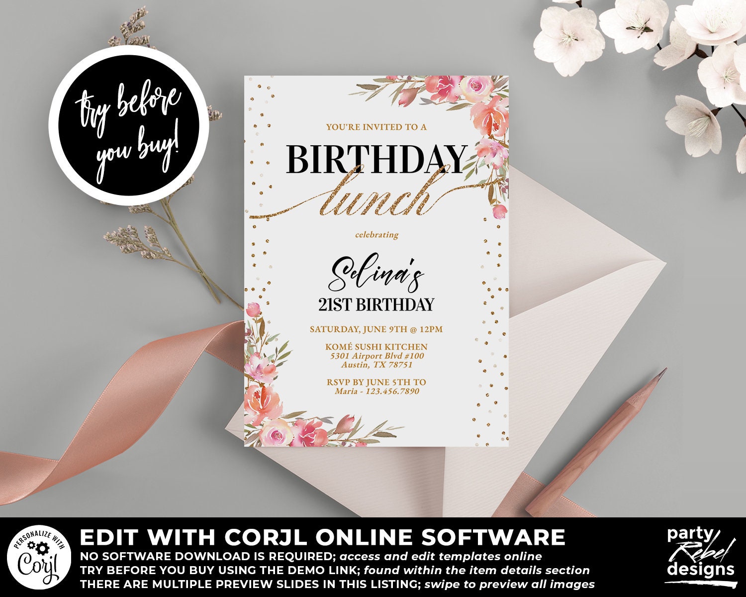 Birthday Lunch Invitation Floral Birthday Invitation - Etsy