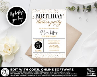 Birthday Dinner Invitation, Black and Gold Birthday Invitation, Birthday Party Template, Dinner Invitation, Dinner Party, Glitter, BD51