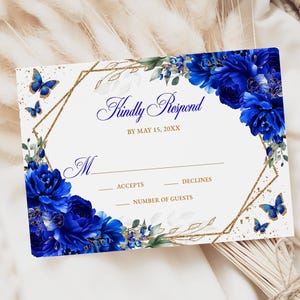 Royal Blue Floral RSVP Editable Invitation Template Instant Download, Quinceañera Kindly Reply Butterfly Card, Sweet 16, RSVP16