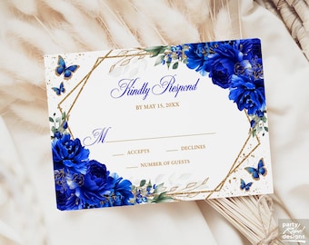 Royal Blue Floral RSVP Editable Invitation Template Instant Download, Quinceañera Kindly Reply Butterfly Card, Sweet 16, RSVP16
