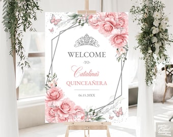 Pink Blush and Silver Floral Quinceañera Welcome Sign Editable Template, Butterfly Floral Sweet 16 Birthday Poster, Instant Download, QC44