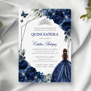 Navy Blue Floral Quinceañera Princess Editable Invitation Template, Silver Quinceañera, Mis Quince Años, Floral Birthday Invitation, QC24