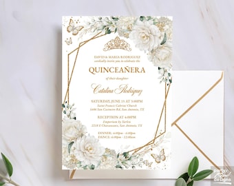 May include: A Quinceañera invitation with a gold geometric frame and floral details. The invitation includes the names of the hosts, the daughter's name, and event details. The design incorporates white flowers, butterflies, and a gold tiara.