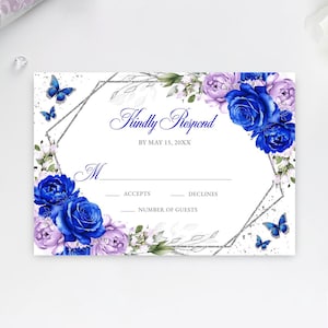 Royal Blue Lilac Lavender Floral RSVP Editable Invitation Template Instant Download, Sweet 16 Quinceañera Kindly Reply Butterfly Card RSVP27