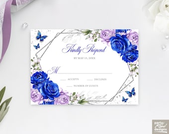 Royal Blue Lilac Lavender Floral RSVP Editable Invitation Template Instant Download, Sweet 16 Quinceañera Kindly Reply Butterfly Card RSVP27
