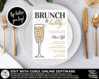 May include: A black and white printable bridal shower invitation with gold glitter accents. The invitation features a champagne flute with gold glitter and the text "Brunch & Bubbly". The invitation is for a bridal shower for Selina Kyle on Saturday, July 6th at 11 o'clock in the morning at The Kyle Residence, 1234 Bridal St., San Antonio, TX. RSVP by June 23rd to Maria at 123.456.7890. Registered at Target & Pottery Barn.