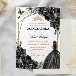 Black Noir Floral Quinceañera Invitation Template Instant Download, Sweet 16 Gold Floral Princess Butterfly Birthday Invitation, QC40