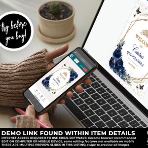 Navy Blue Floral Quinceañera Welcome Sign Editable Template, Gold Quinceañera Poster, Mis Quince Años, Watercolor Floral Birthday Sign, QC24 bild 6