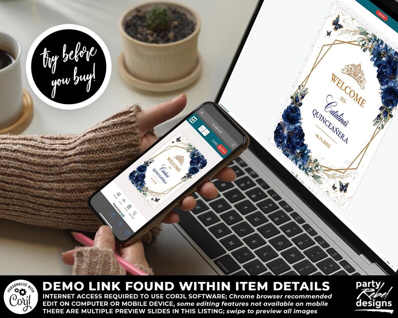 Navy Blue Floral Quinceañera Welcome Sign Editable Template, Gold Quinceañera Poster, Mis Quince Años, Watercolor Floral Birthday Sign, QC24 bild 6