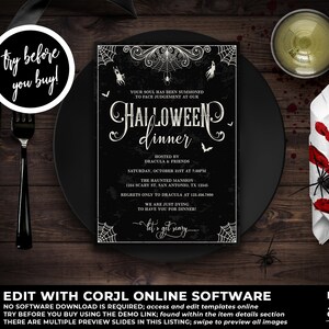 Puede incluir: Una invitaci&oacute;n a una cena de Halloween en blanco y negro con un dise&ntilde;o g&oacute;tico y espeluznante. La invitaci&oacute;n presenta una telara&ntilde;a, murci&eacute;lagos y el texto "Cena de Halloween" en una fuente decorativa. La invitaci&oacute;n est&aacute; organizada por Dr&aacute;cula y sus amigos y tiene lugar en la Mansi&oacute;n Embrujada el 31 de octubre a las 7:30 pm. La direcci&oacute;n es 1234 Scary St., San Antonio, TX 12345. La invitaci&oacute;n tambi&eacute;n incluye el texto "Let's get scary!"
