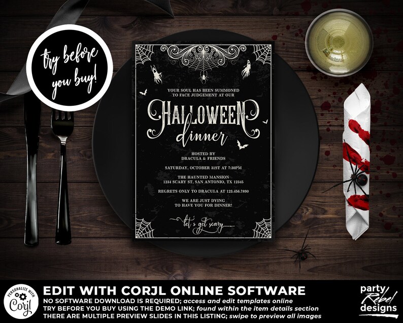 Puede incluir: Una invitaci&oacute;n a una cena de Halloween en blanco y negro con un dise&ntilde;o g&oacute;tico y espeluznante. La invitaci&oacute;n presenta una telara&ntilde;a, murci&eacute;lagos y el texto "Cena de Halloween" en una fuente decorativa. La invitaci&oacute;n est&aacute; organizada por Dr&aacute;cula y sus amigos y tiene lugar en la Mansi&oacute;n Embrujada el 31 de octubre a las 7:30 pm. La direcci&oacute;n es 1234 Scary St., San Antonio, TX 12345. La invitaci&oacute;n tambi&eacute;n incluye el texto "Let's get scary!"