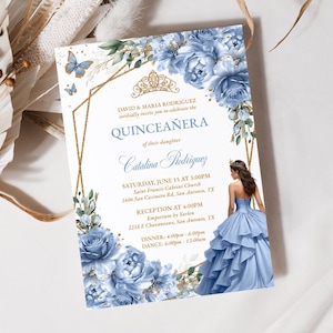 Dusty Blue Floral Quinceañera Invitation, 5x7 Butterfly Gold Sweet 16 Birthday Invite, DIY Editable Mis Quince Años Printable Template, QC32