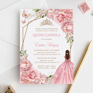 Blush Floral Quinceañera Invitation Editable Template, Gold Quinceañera, Mis Quince Años, Pink Floral Princess Birthday Invitation, QC15