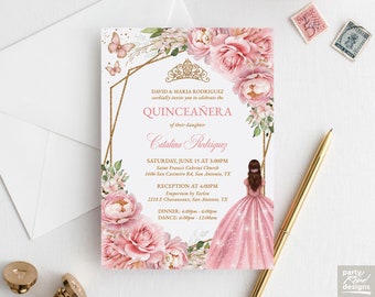 Blush Floral Quinceañera Invitation Editable Template, Gold Quinceañera, Mis Quince Años, Pink Floral Princess Birthday Invitation, QC15
