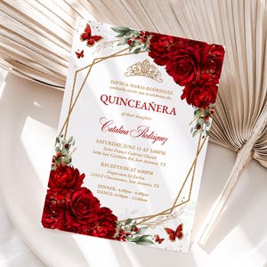 Editable Red & Gold Floral Quinceañera Invitation Template, Quince Años Corjl Instant Download PDF, Butterfly Sweet 16 Birthday Invite, QC55