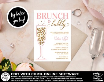 Brunch and Bubbly Bridal Shower Invitation Template, Pink and Gold Bridal Shower Invitation, Pink and Gold, Blush, Glitter, Corjl BRS37