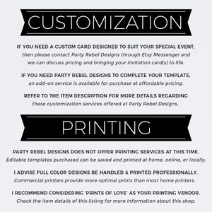 May include: Black and white text on a white background with the words "Customization" and "Printing" in large bold font. The text explains that Party Rebel Designs does not offer printing services but recommends "Prints of Love" as a printing vendor.