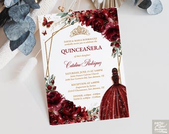 Burgundy Red Floral Quinceañera Invitation Instant Download Template, Mis Quince Años Gold Quinceañera Floral Birthday Invitation, QC20
