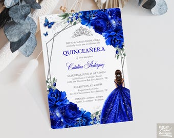 Royal Blue Floral Quinceañera Invitation Editable Instant Download Template, Silver Quinceañera Floral Princess Birthday Invitation, QC16