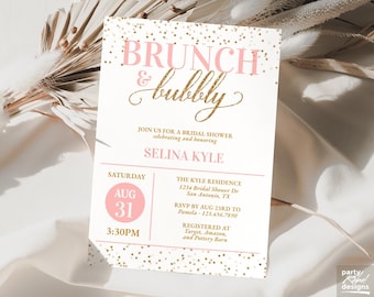 Chic Pink Blush and Gold Brunch & Bubbly Bridal Shower Gold Confetti Invitation Template Instant Download Editable Template, Corjl BRS36