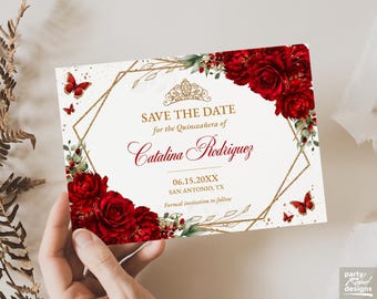 Red & Gold Floral Quinceañera Save the Date Invitation, Editable Template, Instant Download, Floral Sweet 16 Butterfly Birthday, QC55