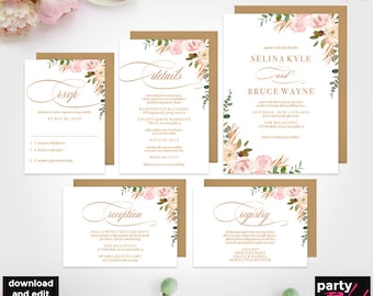 Floral Wedding Invitation Template, Rustic Wedding Invitations, Vintage Wedding, DIY Wedding Invitations, Editable Wedding Invitations, WS08