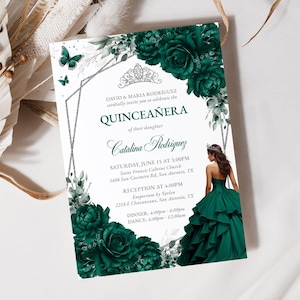 Emerald Green & Silver Floral Quinceañera Invitation, Quince Años Invite, Sweet 16 Birthday Card, Instant Download, Editable Template, QC52