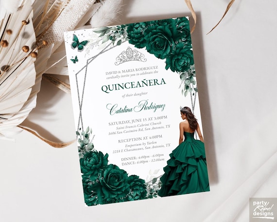 Emerald Green & Silver Floral Quinceañera Invitation, Quince Años