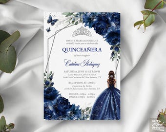 Navy Blue Floral Quinceañera Princess Editable Invitation Template, Silver Quinceañera, Mis Quince Años, Floral Birthday Invitation, QC24