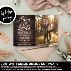 May include: Save the Date wedding announcement with a rustic wood background. The announcement features the couple's names, wedding date, and location. The image also includes a photo of the couple in a forest setting.
