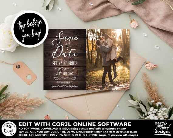 Rustic Save The Date Invitation Template, Photo Save The Date, Rustic Engagement Invitation, Country Save The Date, Farmhouse, Corjl STD03