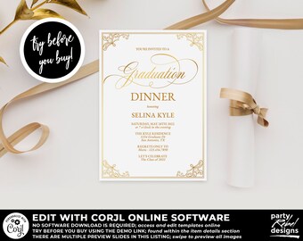 Gold Graduation Invitation Template, Black and Gold Graduation Party, Graduation Dinner, Graduation Brunch, Corjl GD26