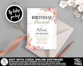 Puede incluir: Una invitación blanca con purpurina dorada y detalles florales rosas para un brunch de cumpleaños de 21 años. La invitación incluye el texto "You're invited to a Birthday Brunch celebrating Celina's 21st Birthday".
