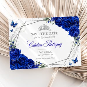 Floral Butterfly Quinceañera Save the Date, Royal Blue Rose Invitation, Editable Corjl Template, DIY Digital Instant Download Card, QC49
