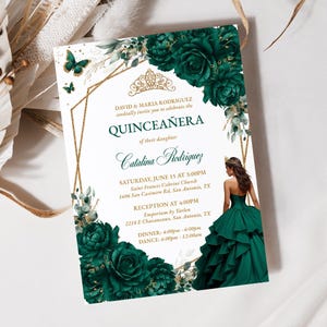 Emerald Green & Gold Floral Quinceañera Invitation, Editable Template, Instant Download PDF, Princess Sweet 16 Birthday, Quince Años, QC52
