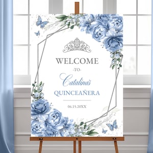 Dusty Blue Floral Quinceañera Welcome Sign Editable Template, Silver Glitter Fairy Tale Floral Welcome Sign Poster, Party Signs, QC32