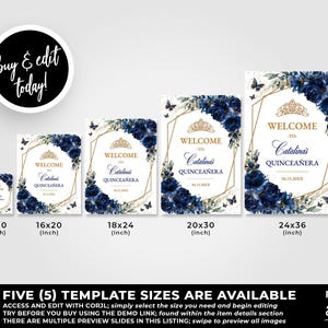 Navy Blue Floral Quinceañera Welcome Sign Editable Template, Gold Quinceañera Poster, Mis Quince Años, Watercolor Floral Birthday Sign, QC24 bild 5