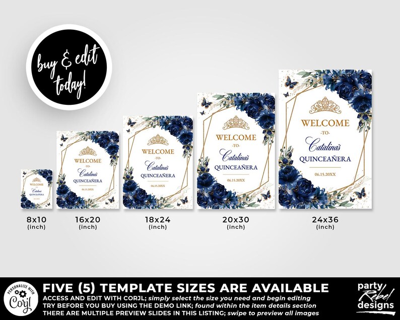 Navy Blue Floral Quinceañera Welcome Sign Editable Template, Gold Quinceañera Poster, Mis Quince Años, Watercolor Floral Birthday Sign, QC24 bild 5