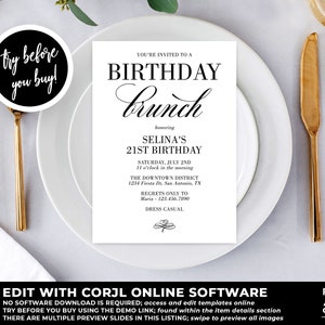 May include: A white invitation card for a birthday brunch, with gold cutlery and a white plate. The invitation text reads "BIRTHDAY Brunch" honoring Selina's 21st birthday. The card also includes the date, time, and location.