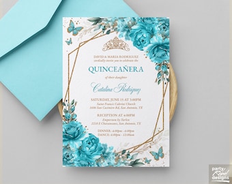 Turquoise Blue Gold Quinceañera Invitation, Quince XV Invite, Sweet 16 Birthday Card, Editable Instant Download Template, QC39