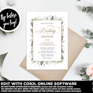 Greenery Birthday Dinner Invitation Instant Download, Floral Birthday Invitation, Birthday Brunch Invitation, DIY Birthday Invitation, BD81