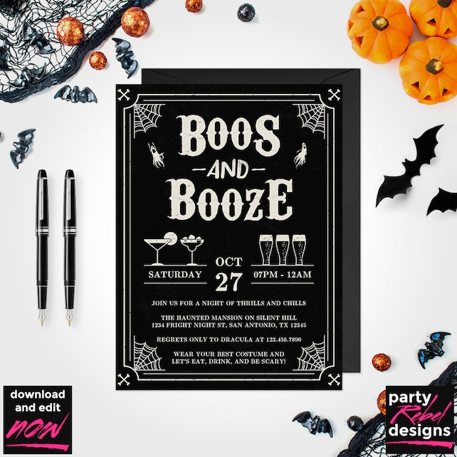 Halloween Party Invitation Printable, Boos and Booze